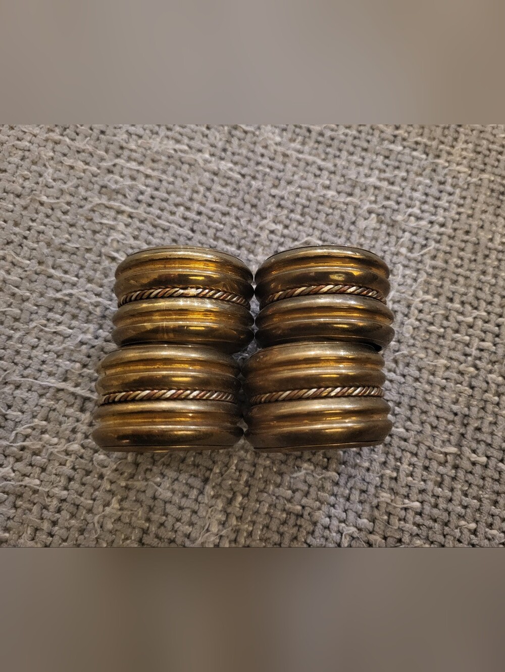 Vintage Brass Napkin Rings, Set Of 4, Copper Toned Braided Accents